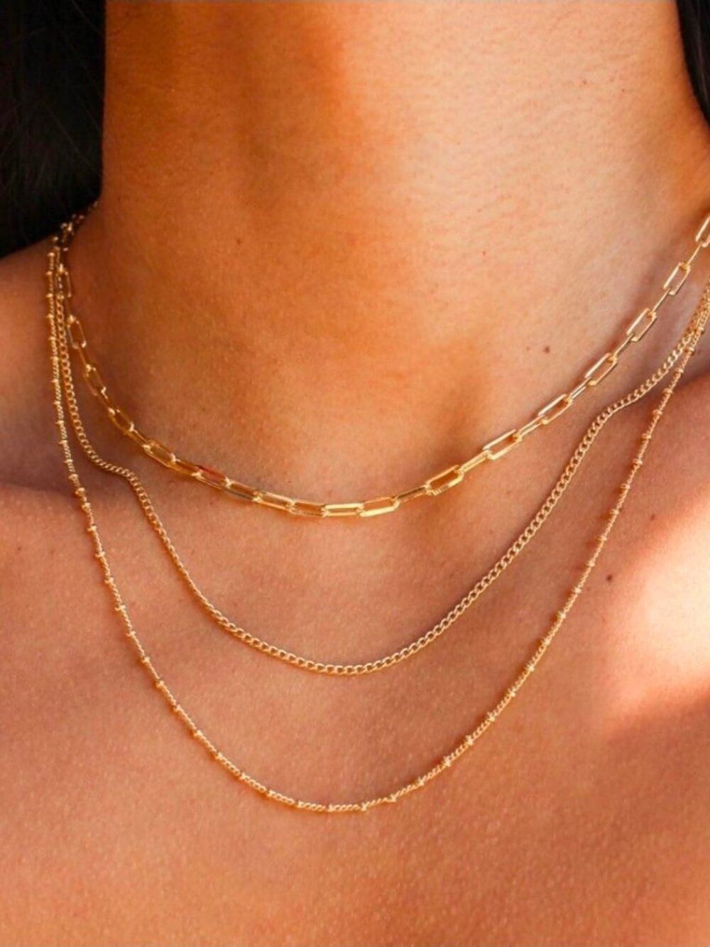14k Gold / 304 No Tarnish 3 chain layered adjustable set - Picture 8 of 8